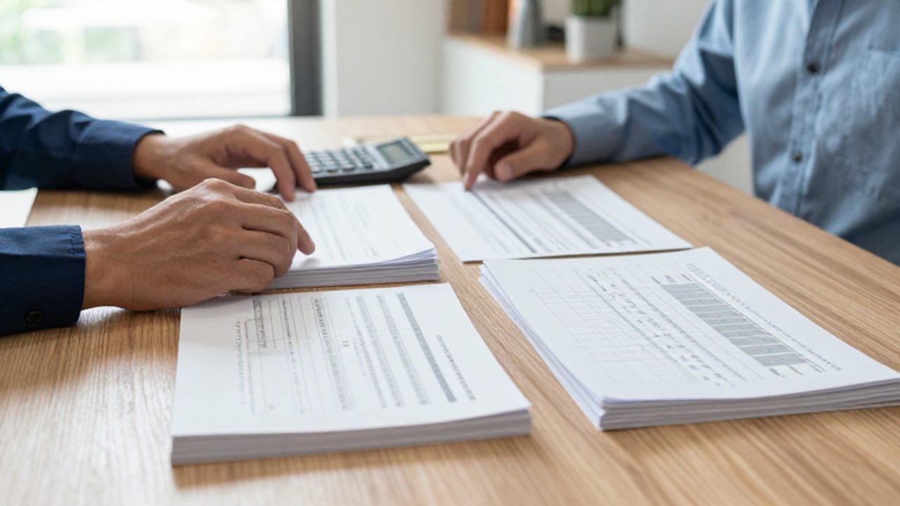 Manos organizando documentos financieros y una calculadora sobre un escritorio, mostrando dos montones de papeles de distintos tamaños para representar la reducción de cuota y la reducción de plazo.
