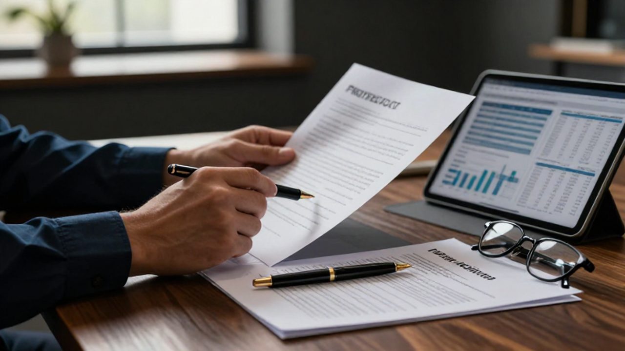 Manos de una persona revisando documentos financieros y gráficos tributarios en una tableta sobre un escritorio organizado.
