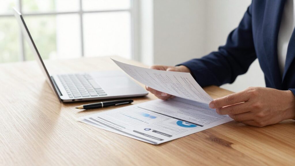 Manos revisando con atención un folleto informativo financiero y un documento clave de información sobre un escritorio de madera.