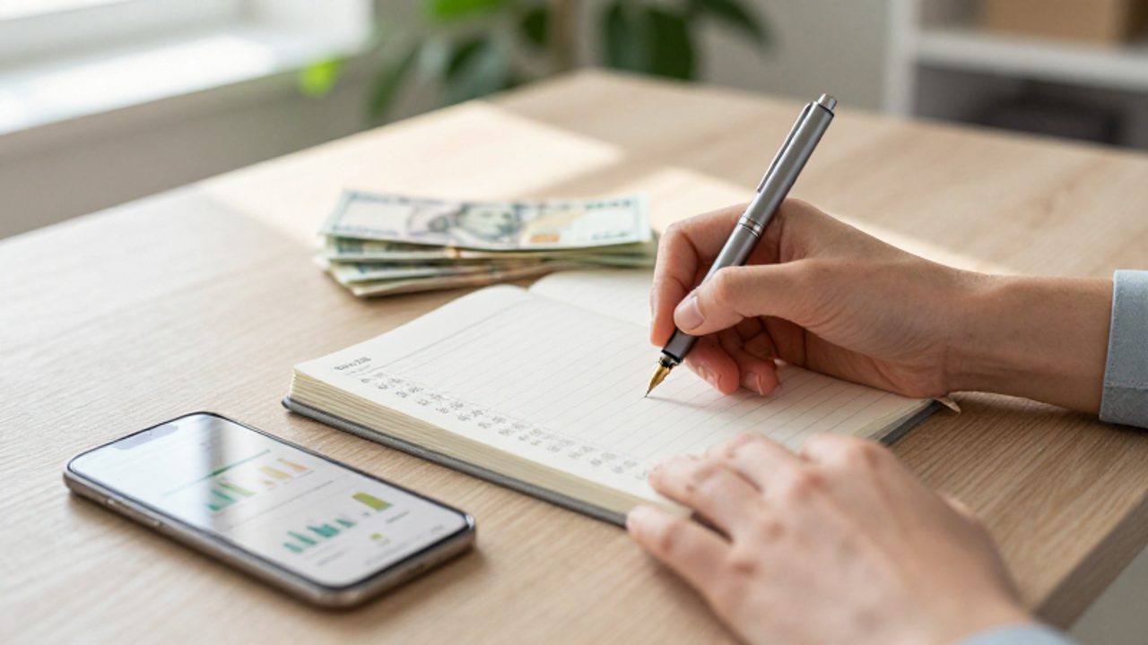 Manos escribiendo anotaciones financieras en un planificador de papel junto a un teléfono con un gráfico de ahorros y un pequeño fajo de billetes sobre un escritorio.