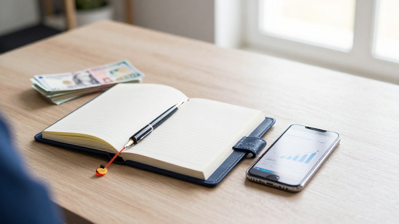 Persona organizando sus finanzas sobre un escritorio con un planificador, un smartphone con una gráfica de ahorros crecientes y billetes ordenados.