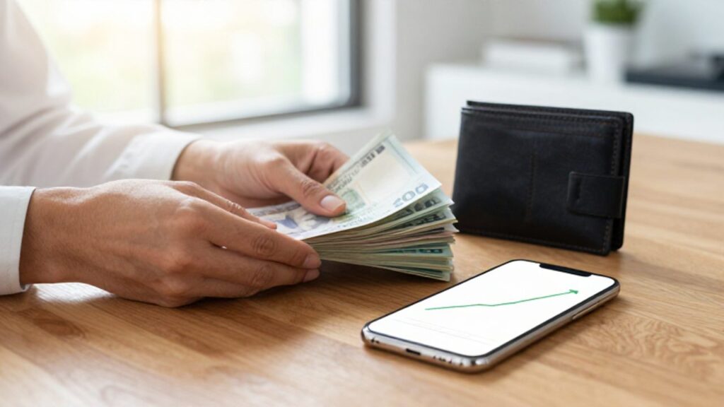 Manos organizando billetes y una cartera sobre un escritorio junto a un smartphone que muestra un gráfico de crecimiento financiero.