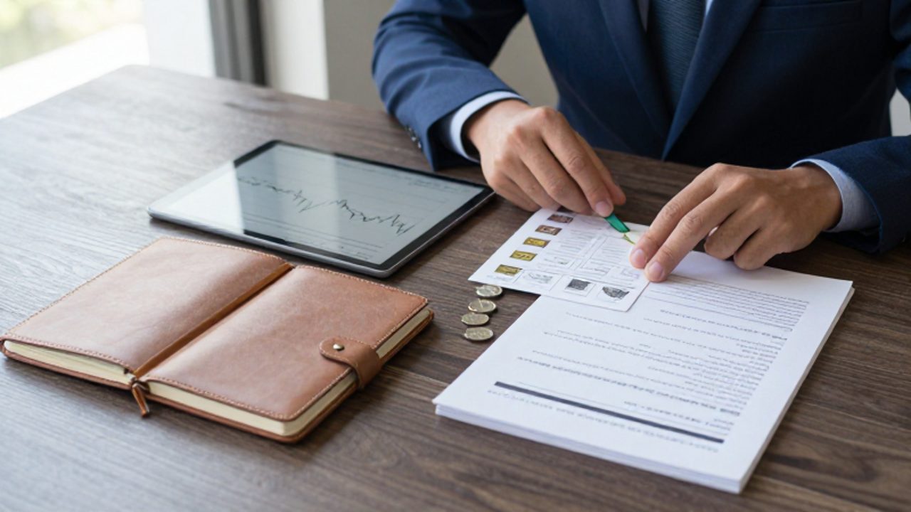 Unas manos organizan con orden instrumentos financieros, una libreta y una tableta con un gráfico de crecimiento sobre un escritorio de madera.