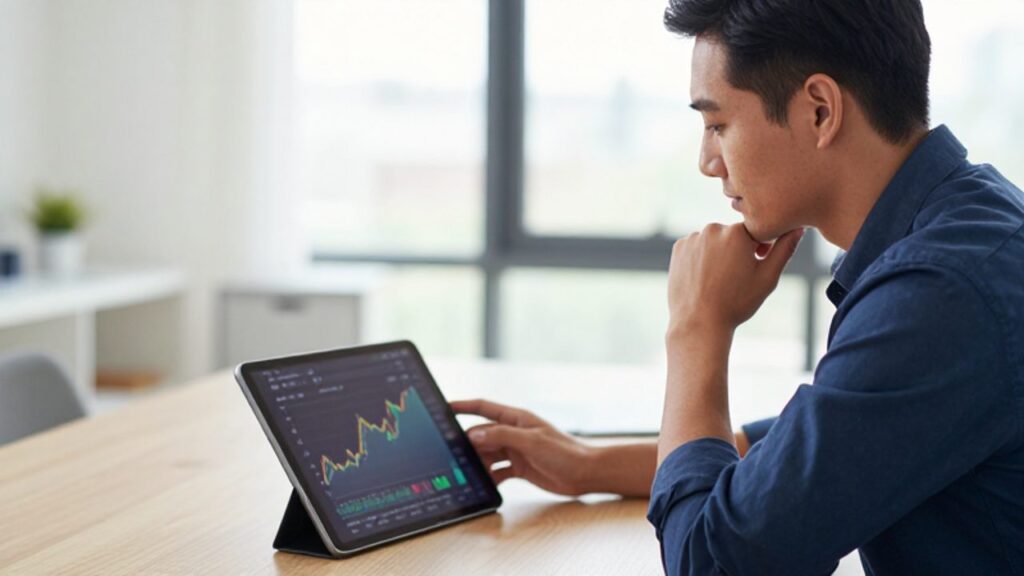 Persona joven sentada en un escritorio moderno analizando con calma un gráfico de crecimiento financiero en una tableta.