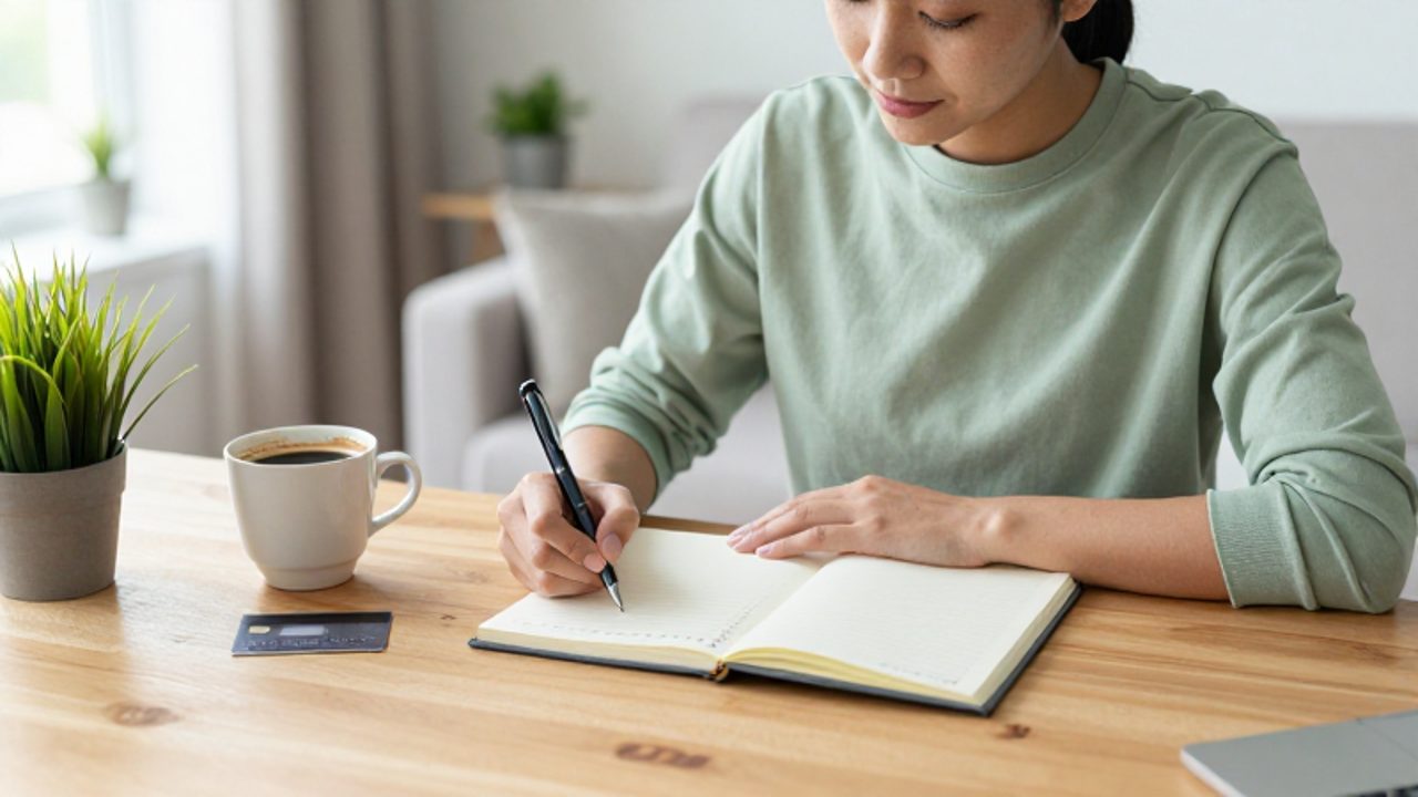 Persona sentada en un escritorio despejado anotando gastos en una agenda junto a una tarjeta de crédito y una taza de café.