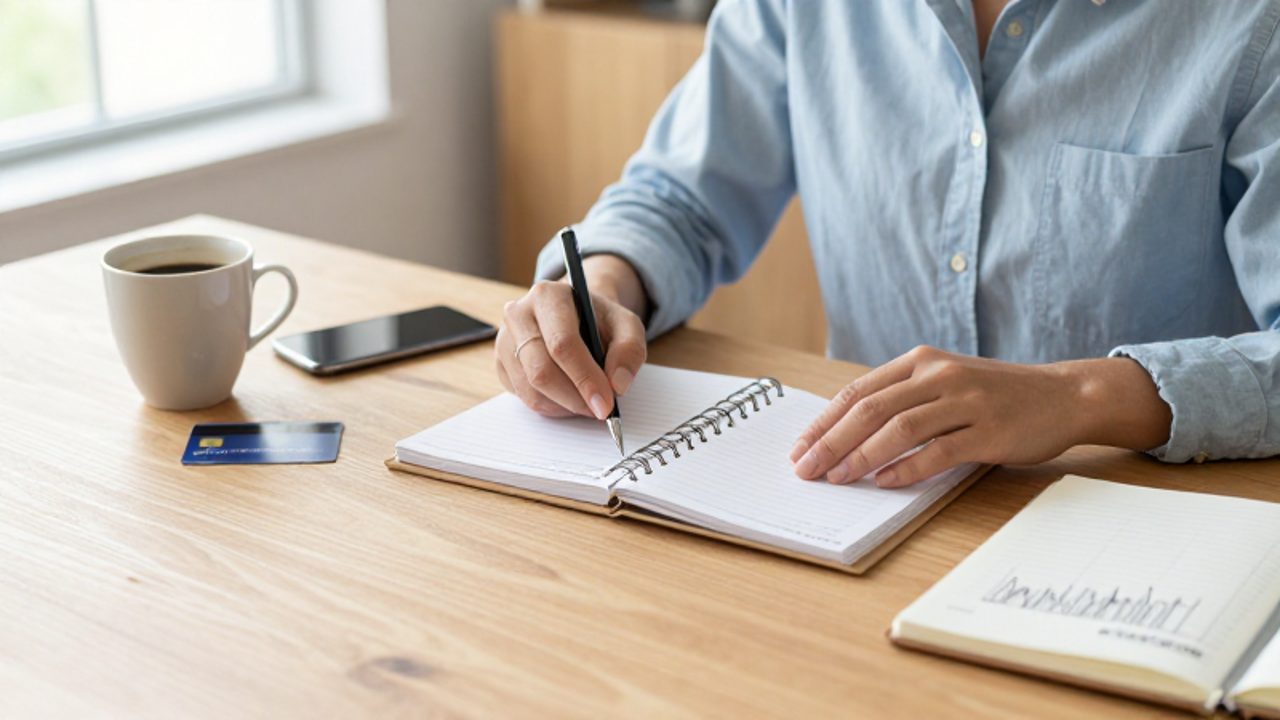 Persona sentada en un escritorio luminoso revisando con calma un planificador financiero junto a una tarjeta de crédito.