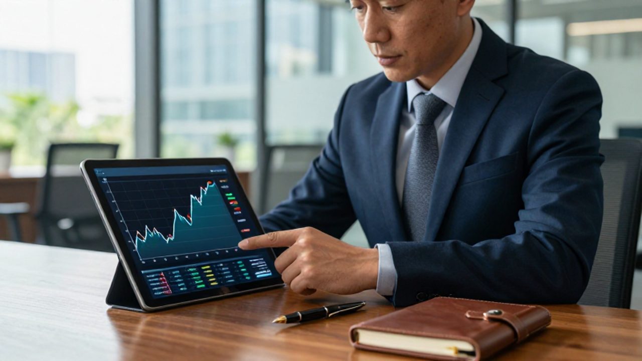 Analista financiero observa con atención un gráfico de la curva de rendimientos en una tableta digital dentro de una oficina moderna.