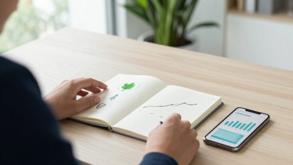Persona revisando un cuaderno con gráficos de crecimiento y símbolos de sostenibilidad junto a un smartphone que muestra un panel financiero en un escritorio de madera.