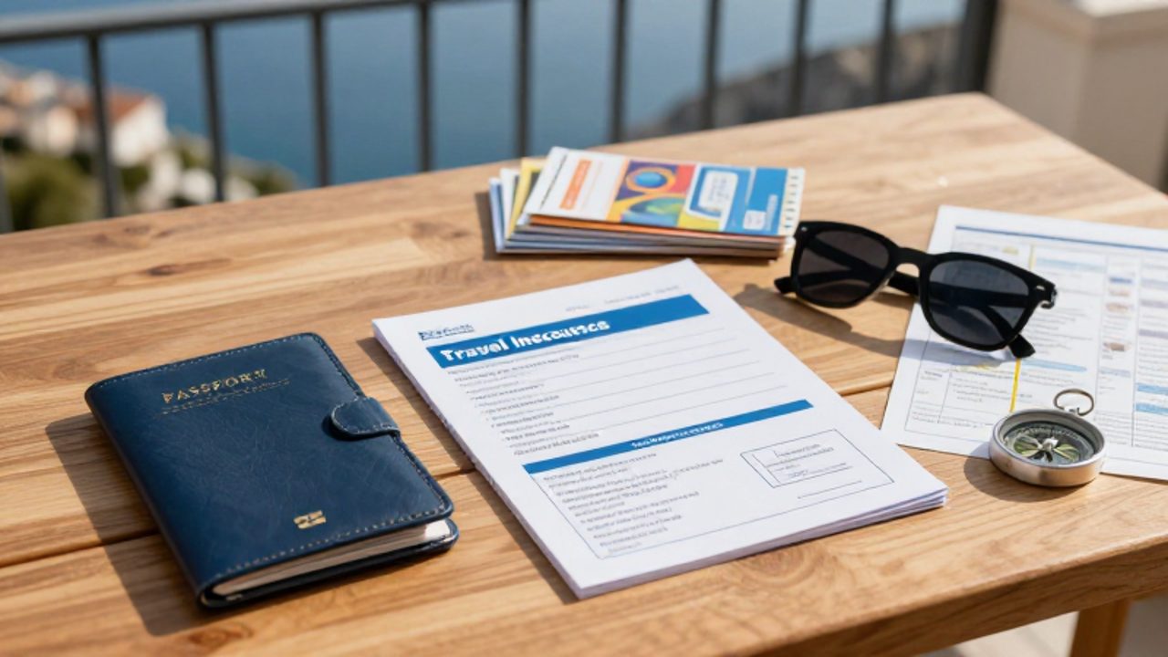 Documento de seguro de viaje junto a un pasaporte, folletos y un itinerario sobre un escritorio de madera con vista al mar.