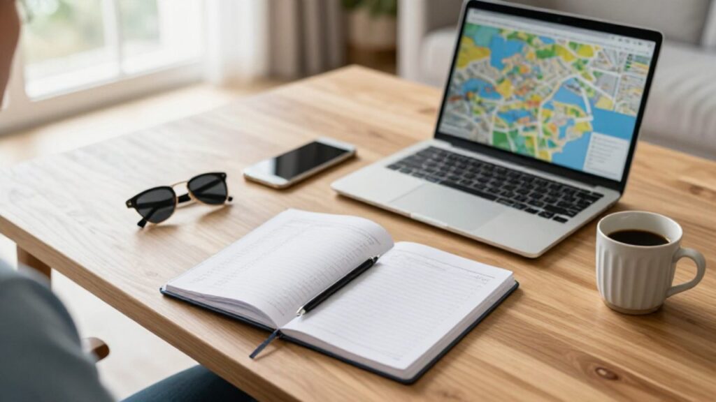 Persona organizando un presupuesto de viaje sobre un escritorio de madera con un cuaderno, un portátil y una taza de café en un ambiente luminoso.