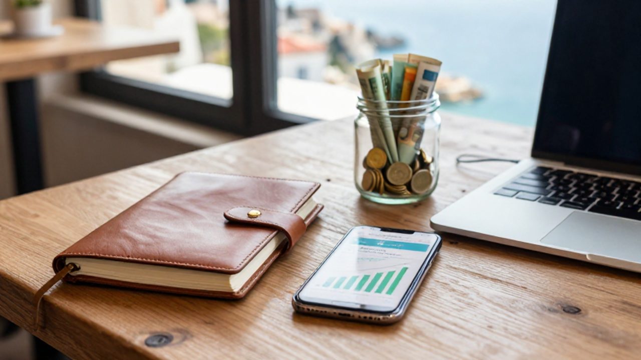 Un cuaderno de viaje, un ordenador y un smartphone con una gráfica de ahorros junto a un tarro de cristal lleno de billetes y monedas sobre una mesa de madera.