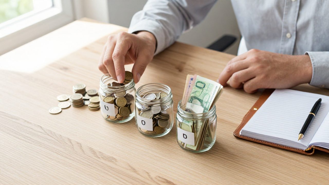 Manos organizando pilas de monedas y billetes en tres recipientes de vidrio para representar la división del dinero según diferentes metas financieras.