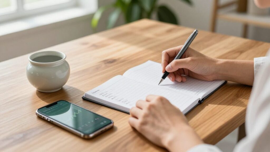 Manos de una persona escribiendo en un planificador sobre un escritorio organizado junto a un smartphone con un gráfico de crecimiento financiero y un pequeño frasco de ahorros.