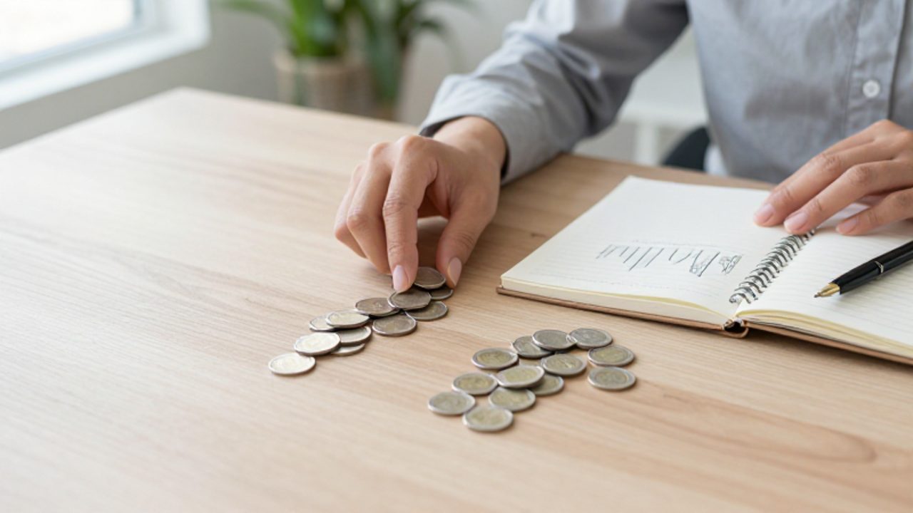 Manos organizando monedas en dos montones distintos sobre un escritorio con documentos y gráficos para representar métodos de pago de deuda.