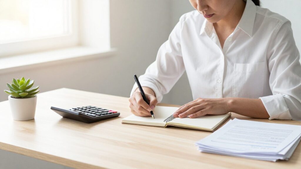 Persona concentrada organizando documentos financieros y escribiendo en un cuaderno sobre un escritorio despejado en una oficina luminosa.