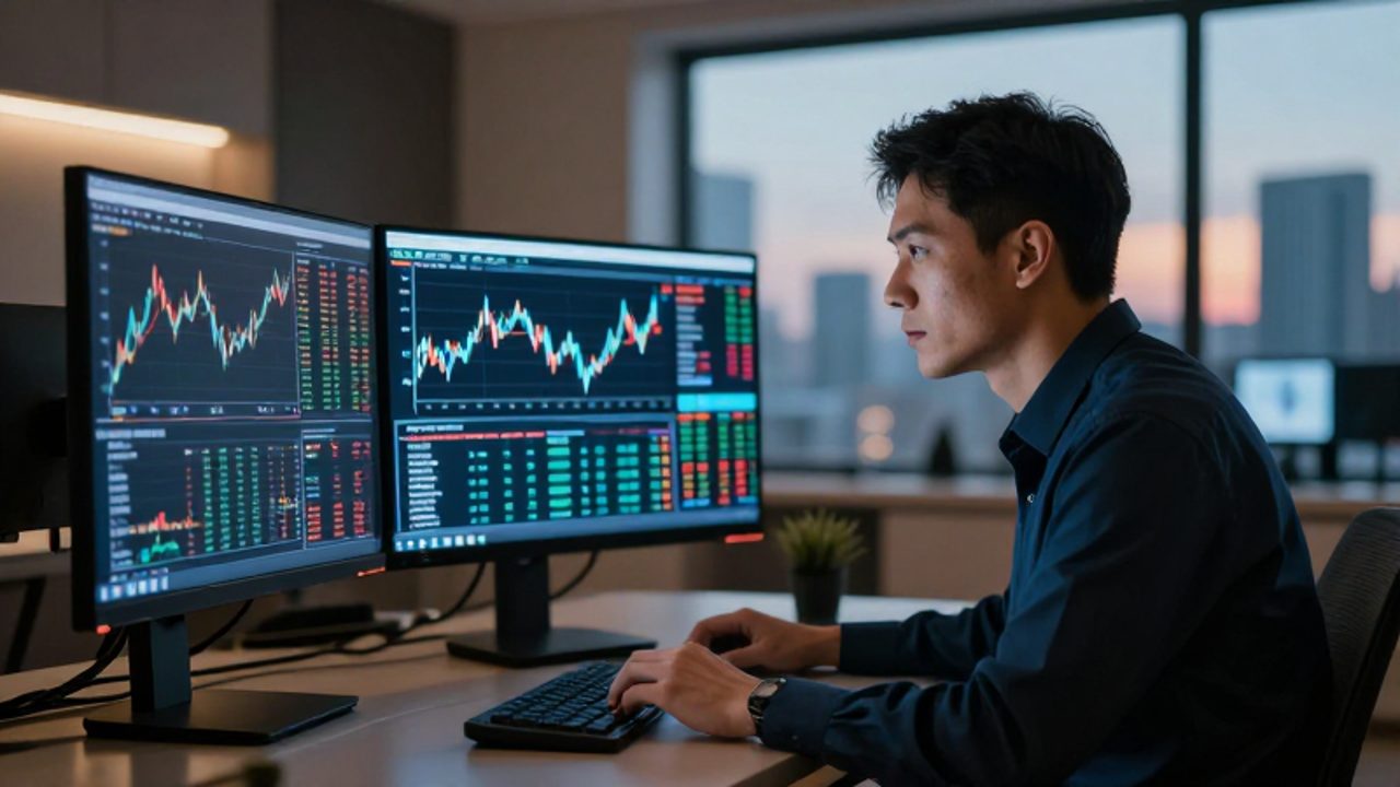 Analista financiero concentrado estudiando gráficos bursátiles complejos y datos de mercado en múltiples monitores dentro de una oficina moderna.