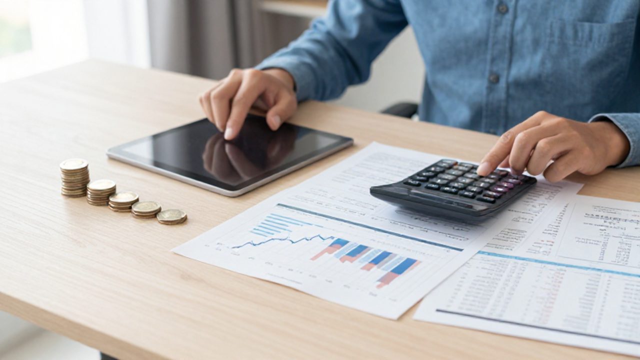 Manos sobre un escritorio comparando dos escenarios financieros: un lado con monedas y un gráfico sencillo para la inversión pasiva, y el otro con gráficas complejas y una calculadora para la inversión activa.