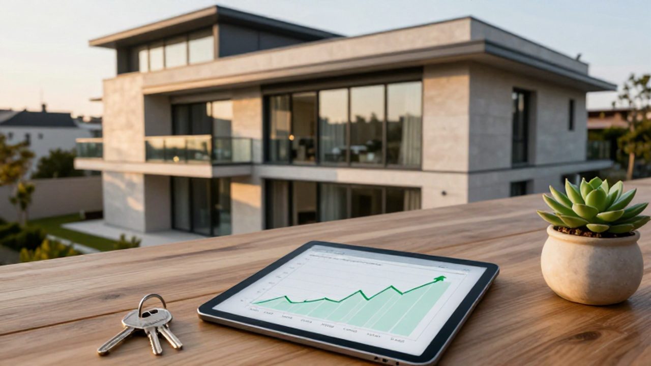 Edificio residencial de arquitectura moderna con balcones de cristal junto a una mesa con un gráfico de crecimiento de mercado inmobiliario y unas llaves.
