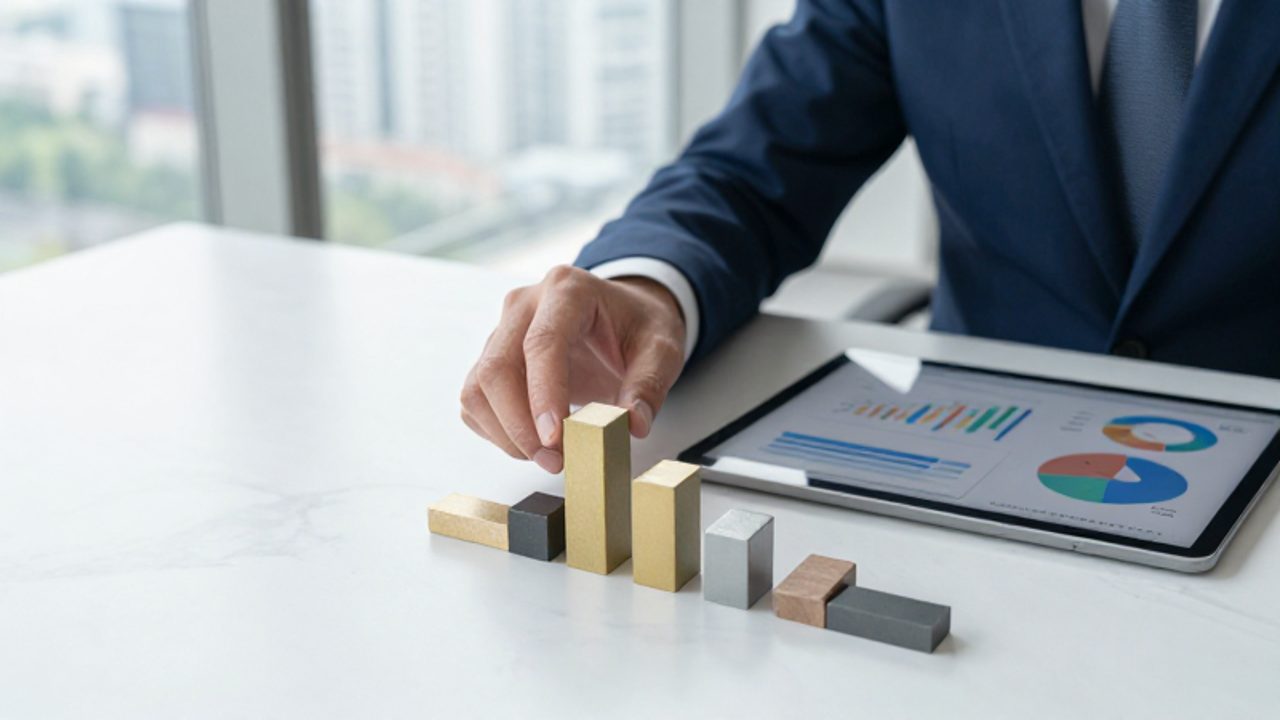 Manos de un asesor financiero organizando bloques de madera y metal que representan distintas clases de activos junto a una tableta con gráficos de crecimiento.