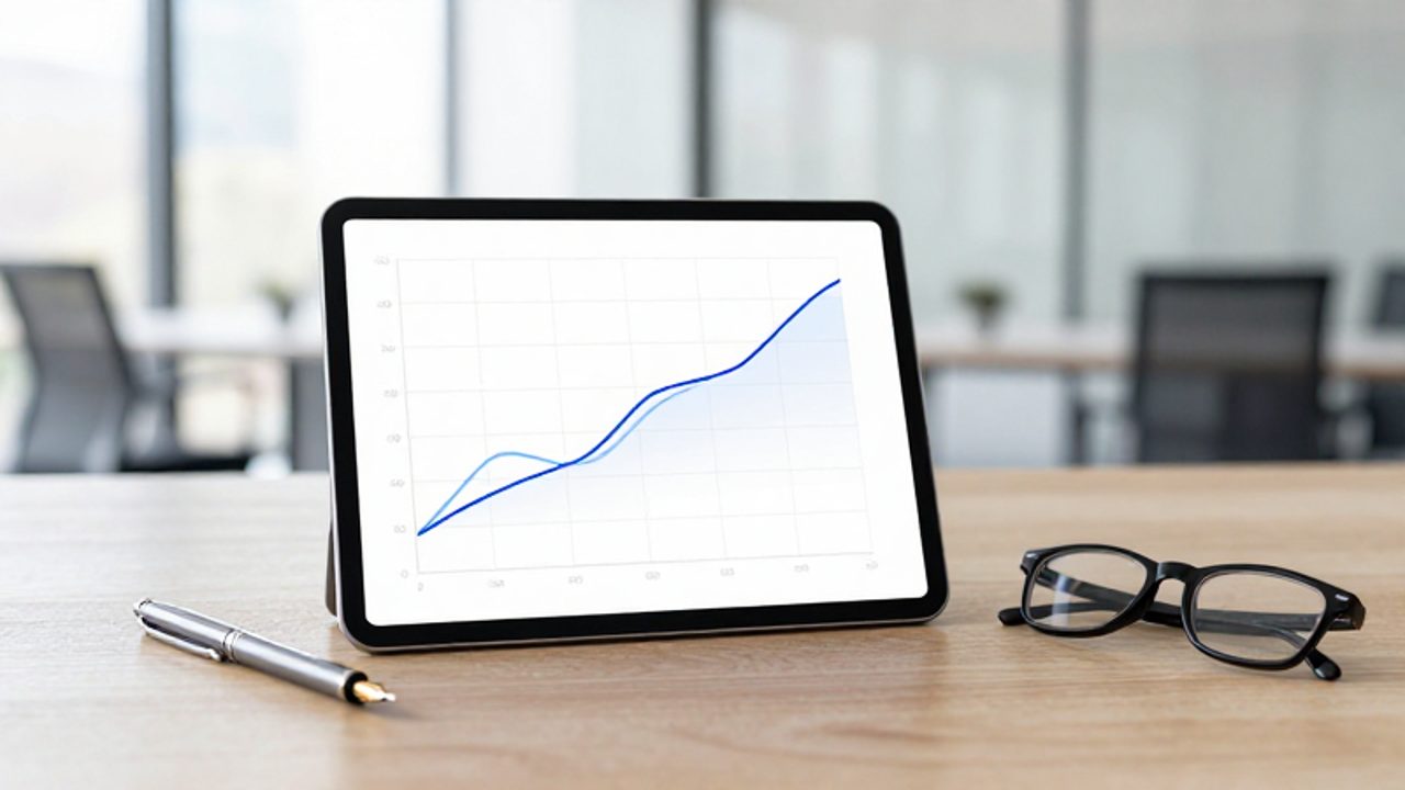Gráfico de dos líneas paralelas en una tableta sobre un escritorio de madera, representando la replicación precisa de un índice financiero.
