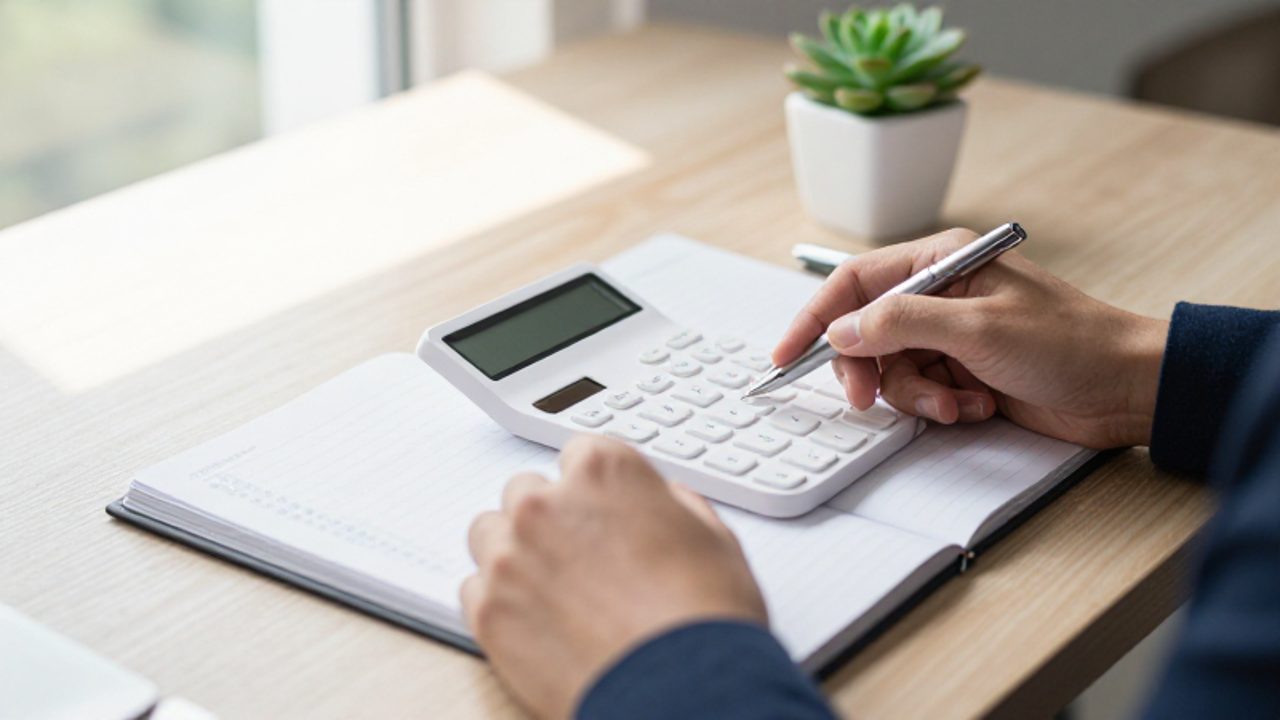 Manos organizando un planificador de presupuesto y una calculadora sobre un escritorio ordenado en una oficina luminosa.