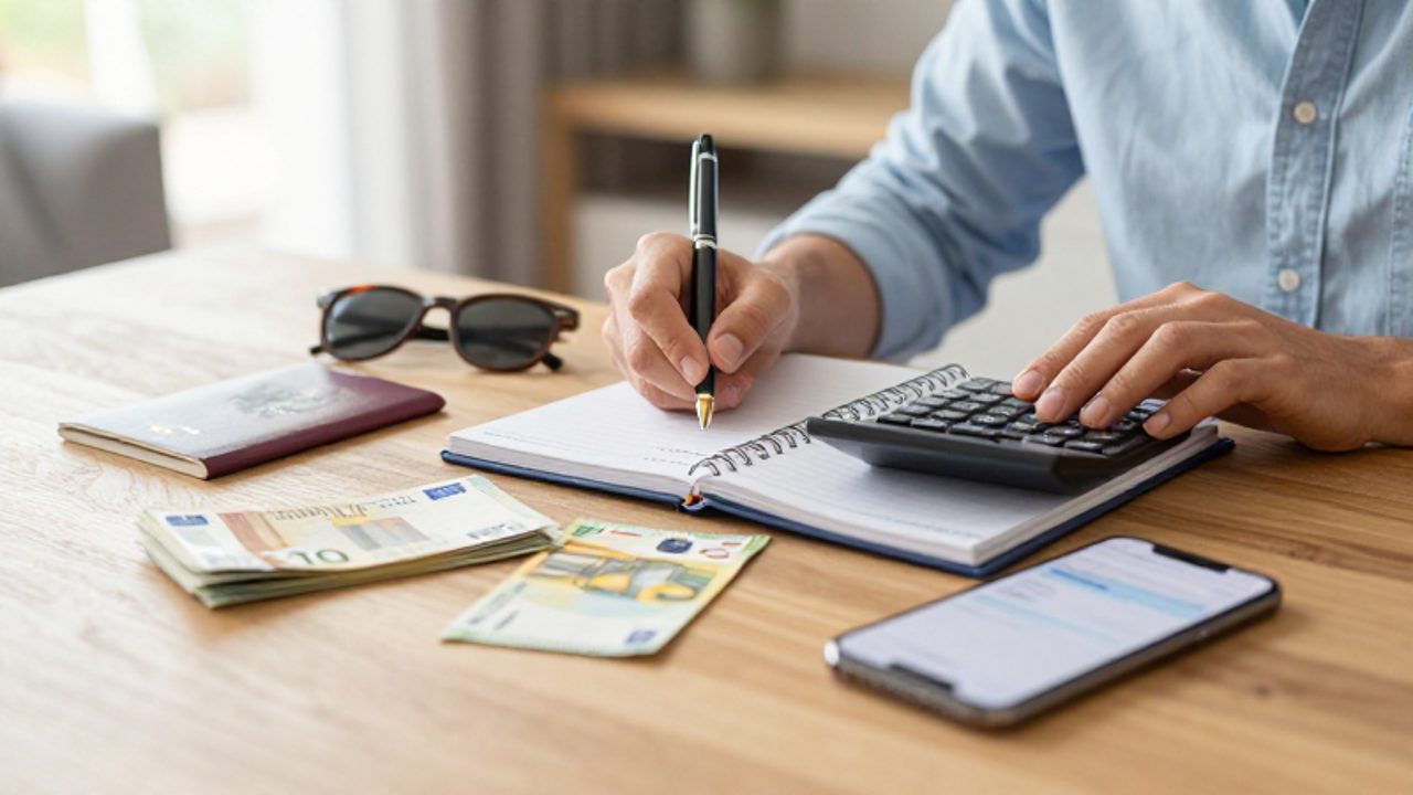 Manos organizando un presupuesto de viaje sobre un escritorio con una calculadora, un cuaderno, un pasaporte y billetes de euro.