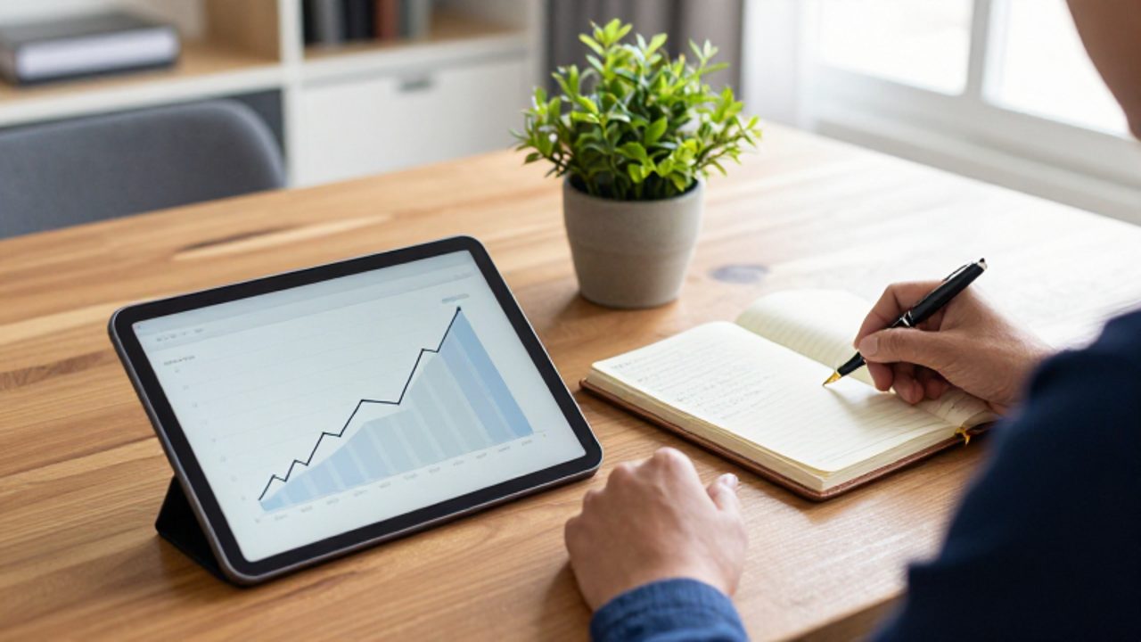 Escritorio ordenado con una tablet que muestra un gráfico de crecimiento ascendente, un cuaderno de notas financieras y una pequeña planta sobre una mesa de madera.