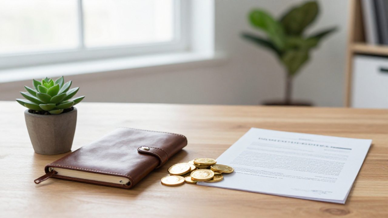 Colección de monedas de oro, un cuaderno de cuero y un modelo arquitectónico sobre un escritorio de madera, representando activos de inversión alternativa.