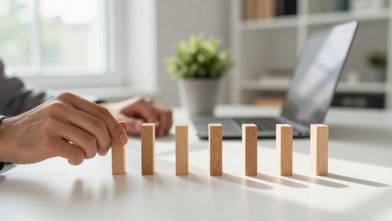 Manos ajustando bloques de madera de distintos tamaños sobre un escritorio, simbolizando el equilibrio y la diversificación de una cartera de inversión.