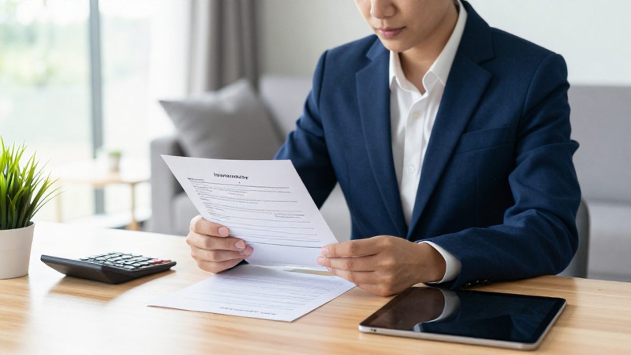 Un joven profesional revisa documentos de seguros y una tableta con calma en un escritorio de una oficina moderna y luminosa.