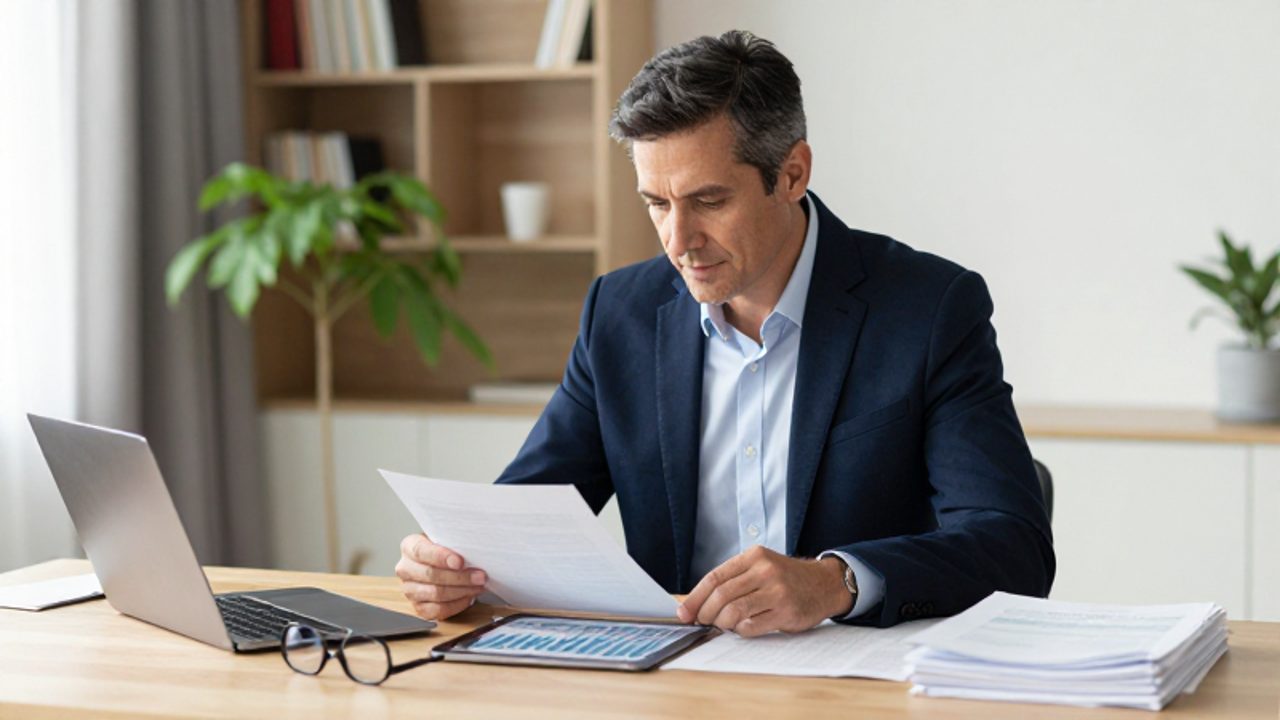 Hombre de mediana edad revisando documentos financieros y gráficos en una tablet mientras trabaja en su oficina en casa.