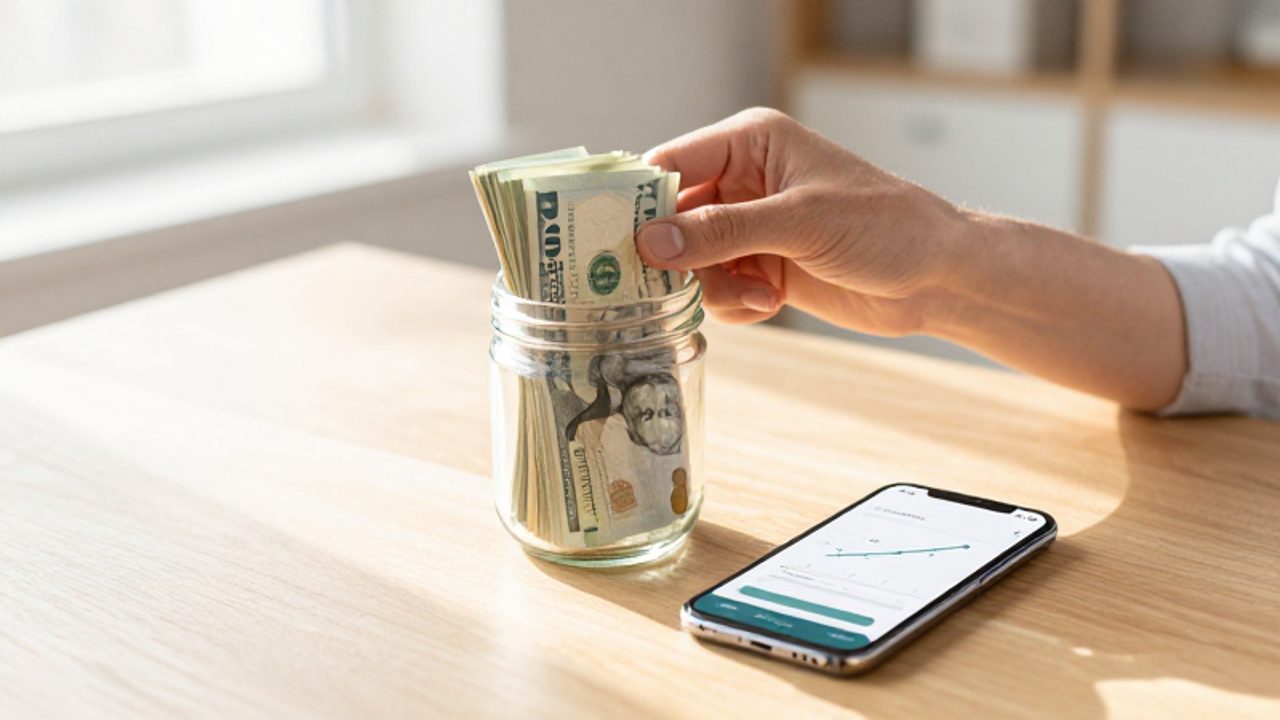 Manos organizando billetes dentro de un frasco de vidrio junto a un smartphone que muestra una aplicación de ahorros en un escritorio iluminado.