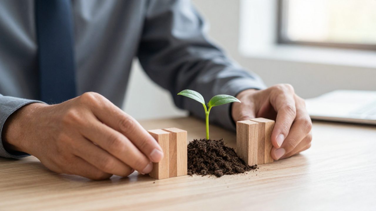 Manos organizando bloques de madera junto a un pequeño brote verde que crece de la tierra sobre un escritorio de madera.