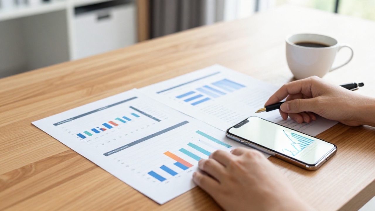 Manos de un profesional organizando gráficos financieros y diagramas sobre un escritorio de madera junto a un smartphone que muestra una gráfica de crecimiento ascendente.