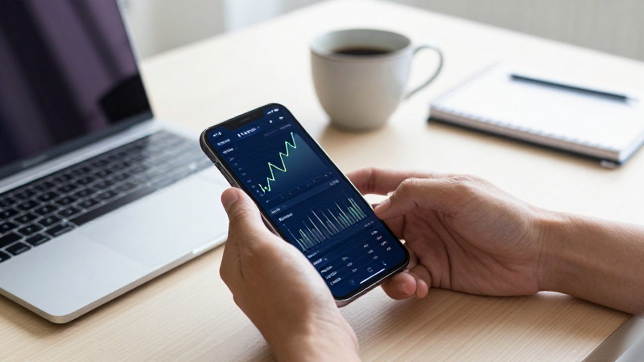 Manos de un profesional utilizando un smartphone con gráficas financieras ascendentes junto a un ordenador portátil sobre un escritorio de madera.