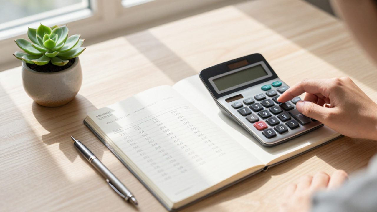 Persona planificando metas financieras con una calculadora y un cuaderno con tablas de ahorro sobre un escritorio de madera.