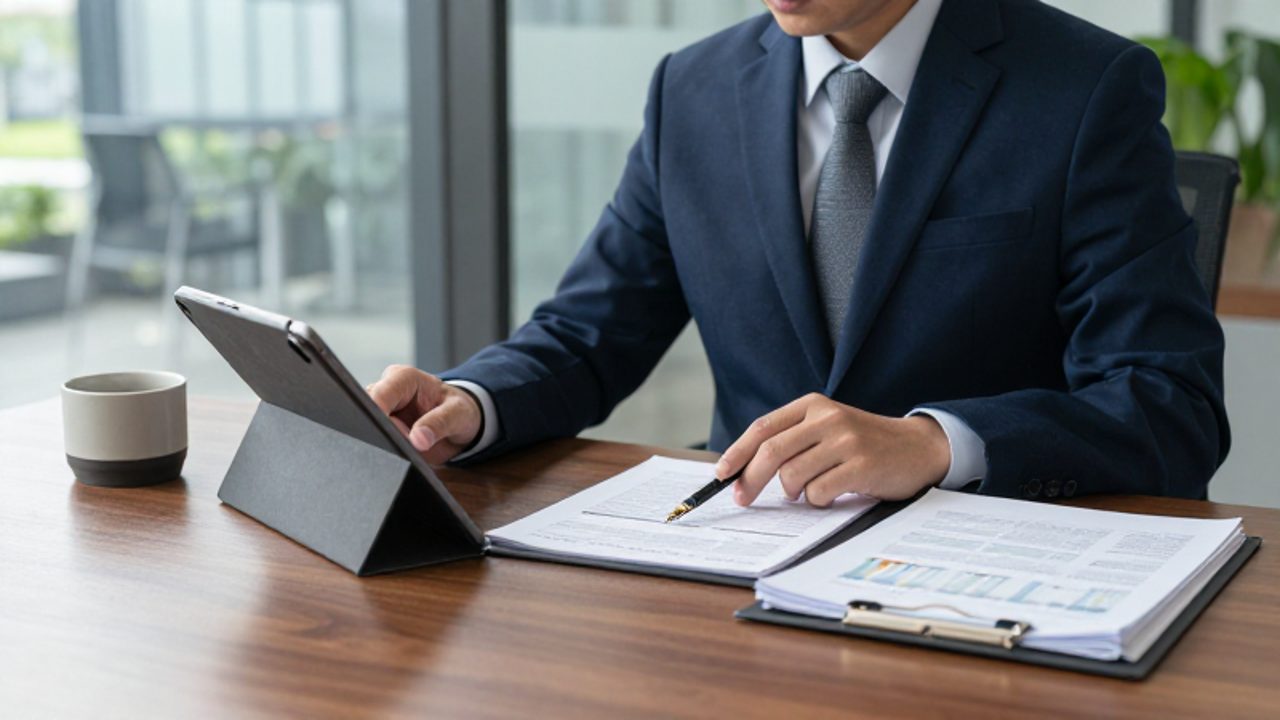 Un asesor financiero revisa con calma un informe de inversiones y una tableta en un despacho moderno y luminoso.