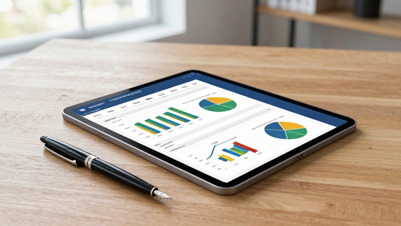 Tablet con gráficos financieros de diversificación y fiscalidad sobre un escritorio de madera en una oficina iluminada.