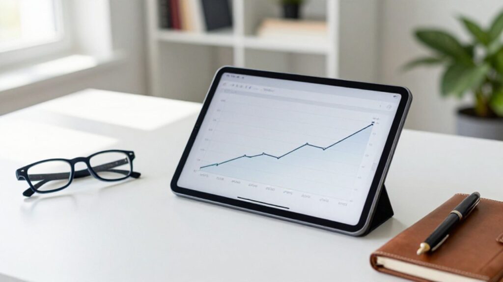 Tablet con un gráfico de crecimiento financiero ascendente sobre un escritorio ordenado con una libreta de cuero y gafas.
