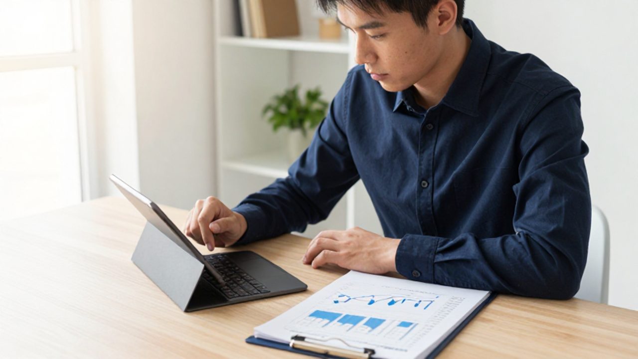 Joven sentado en un escritorio moderno analizando con atención un planificador financiero y una tableta con gráficos de inversión.