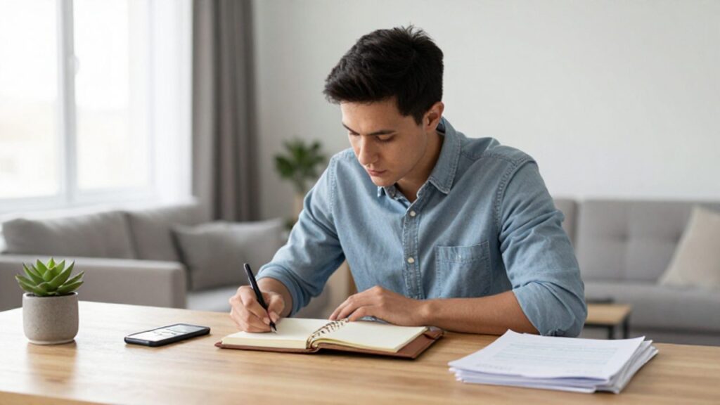 Hombre joven concentrado escribiendo en una agenda sobre un escritorio ordenado con un gráfico financiero en su smartphone.