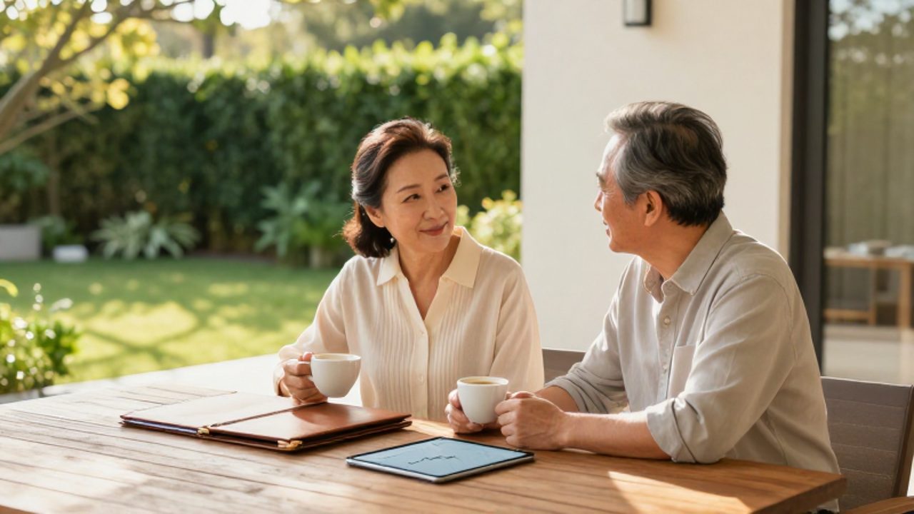 Pareja de adultos mayores conversa tranquilamente en una terraza soleada junto a una carpeta y una tableta que muestra un gráfico de crecimiento financiero.