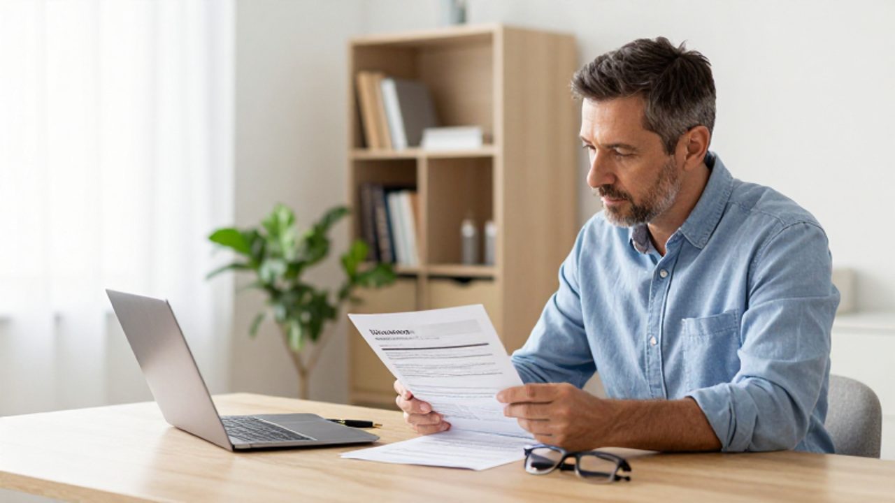 Hombre de mediana edad revisando documentos de seguros financieros en un escritorio de una oficina en casa iluminada.