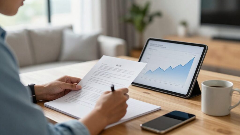 Persona analizando documentos financieros y gráficos de crecimiento en una tablet sobre un escritorio en un despacho luminoso.