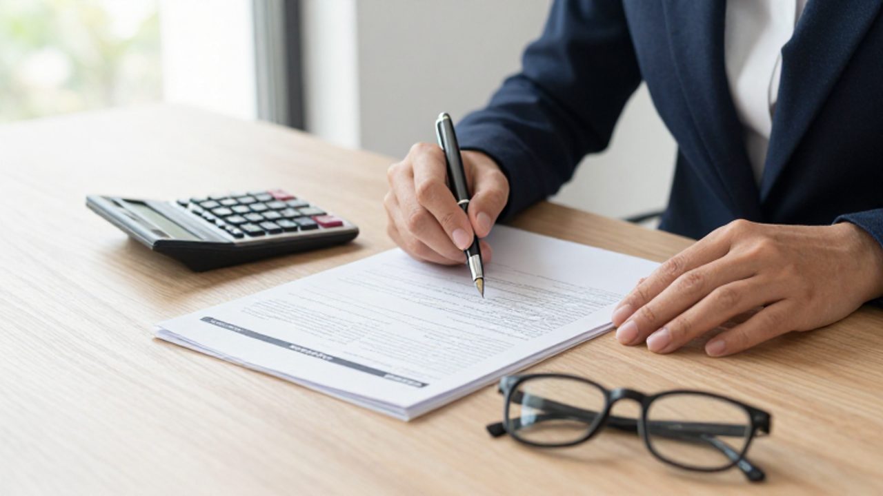 Manos revisando documentos financieros y pólizas de seguro sobre un escritorio con una calculadora y gafas.