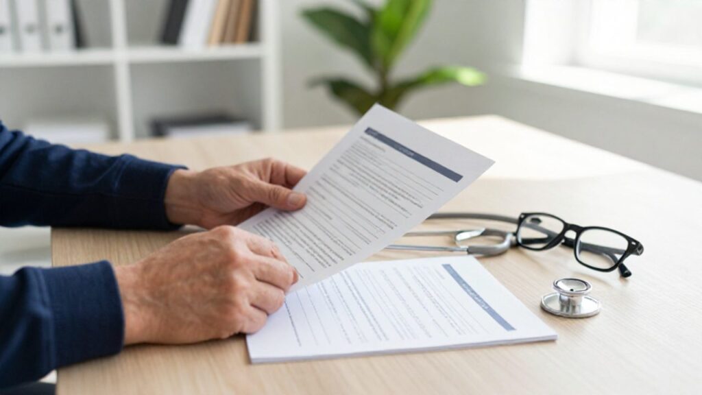 Manos de una persona revisando documentos financieros y una póliza de seguro médico sobre un escritorio con un estetoscopio.