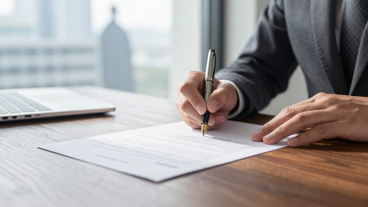 Primer plano de una persona firmando un documento legal con un bolígrafo sobre un escritorio de madera en una oficina luminosa.