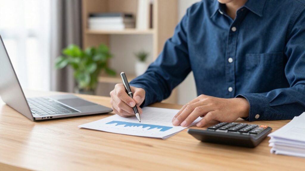 Una persona revisa con calma documentos financieros en un escritorio ordenado, señalando un gráfico con una tendencia descendente.