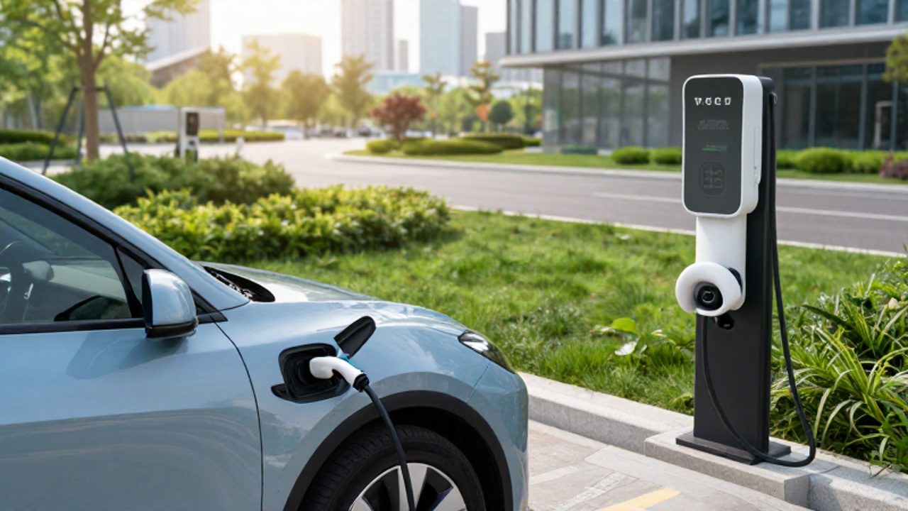 Un coche eléctrico cargando en una estación moderna rodeada de vegetación y arquitectura urbana sostenible.