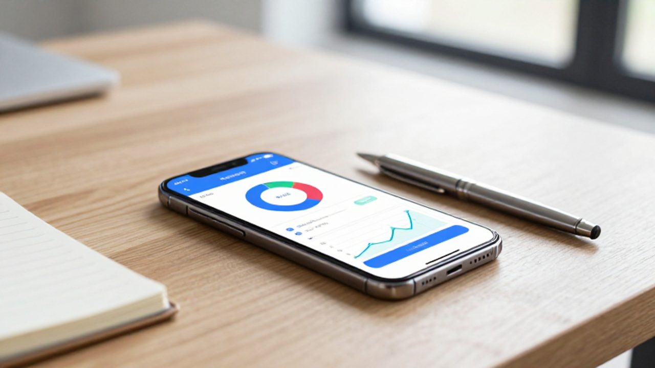 Un smartphone muestra gráficos de finanzas personales sobre un escritorio de madera junto a un cuaderno y un bolígrafo.